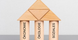 Holzfigur,全世界范围达奇auf drei Pfeilern ruht: Okonomie, Okologie Soziales